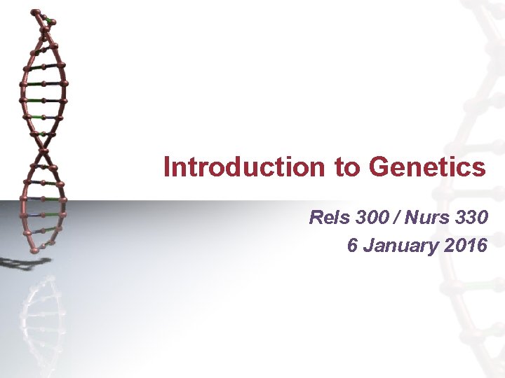 Introduction to Genetics Rels 300 / Nurs 330 6 January 2016 Introduction to Genetics Rels 300 / Nurs 330 6 January 2016