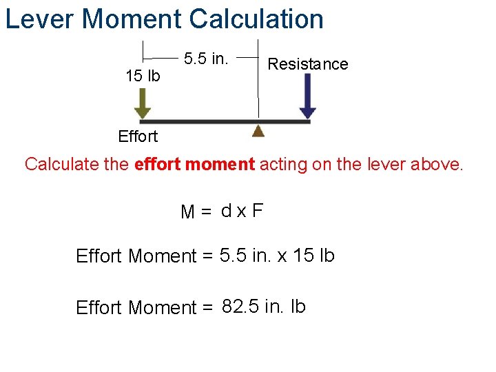 Lever Moment Calculation 5. 5 in. 15 lbs Resistance Effort Calculate the effort moment