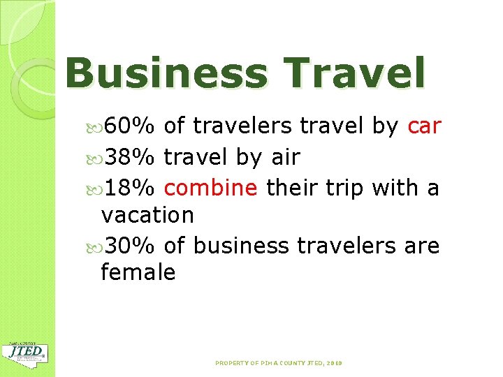 Business Travel 60% of travelers travel by car 38% travel by air 18% combine