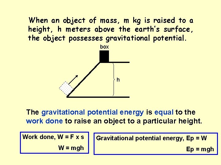 When an object of mass, m kg is raised to a height, h meters