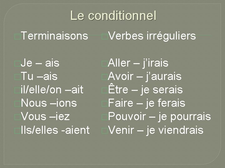 Le conditionnel �Terminaisons �Verbes �Je �Aller – ais �Tu –ais �il/elle/on –ait �Nous –ions