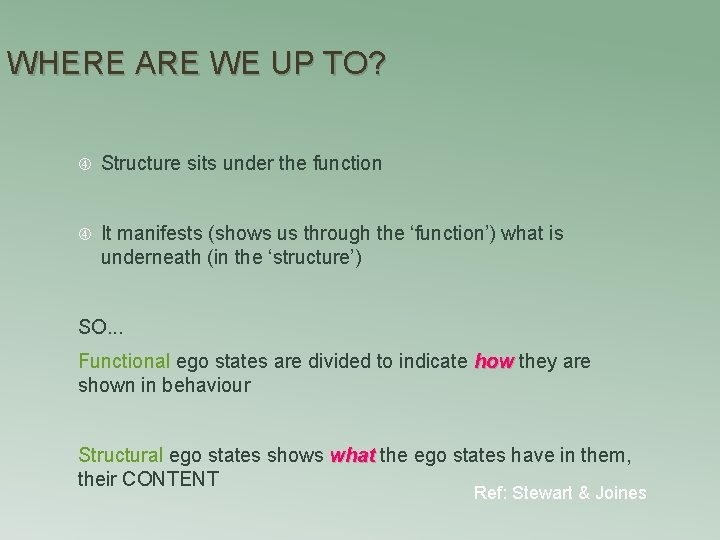 WHERE ARE WE UP TO? Structure sits under the function It manifests (shows us