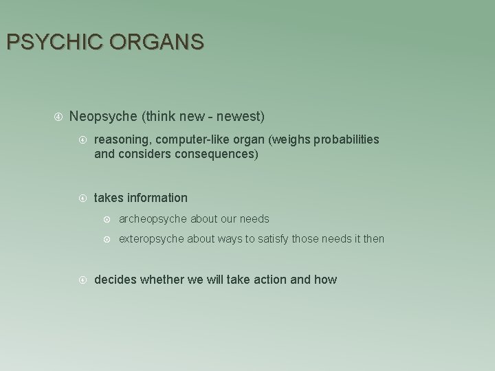 PSYCHIC ORGANS Neopsyche (think new - newest) reasoning, computer-like organ (weighs probabilities and considers