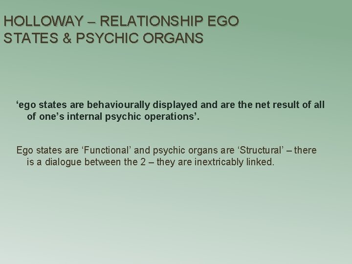 HOLLOWAY – RELATIONSHIP EGO STATES & PSYCHIC ORGANS ‘ego states are behaviourally displayed and