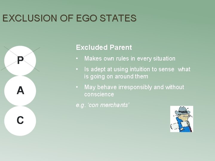 EXCLUSION OF EGO STATES Excluded Parent • Makes own rules in every situation •