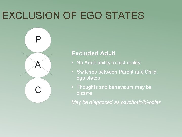 EXCLUSION OF EGO STATES Excluded Adult • No Adult ability to test reality •