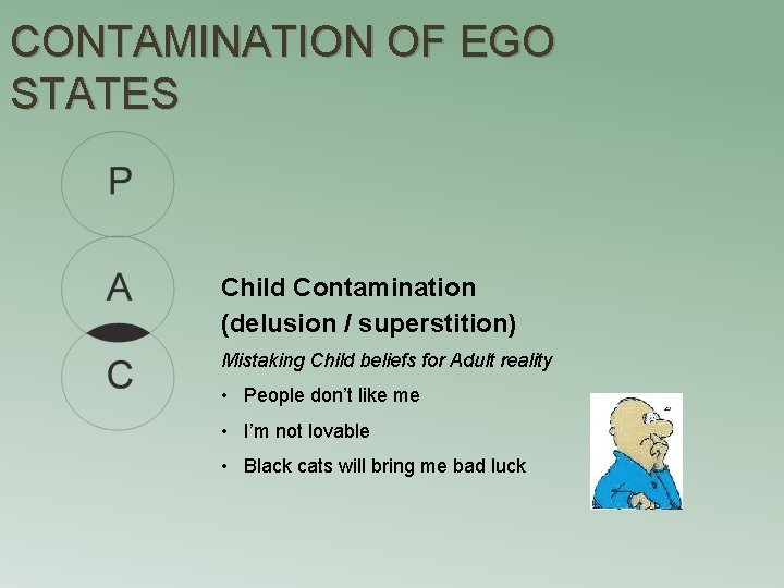 CONTAMINATION OF EGO STATES Child Contamination (delusion / superstition) Mistaking Child beliefs for Adult