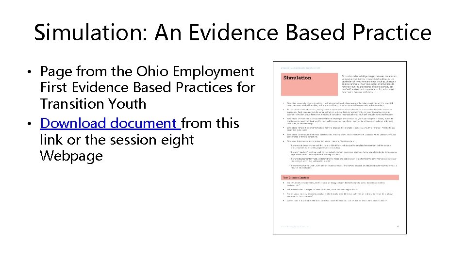 Simulation: An Evidence Based Practice • Page from the Ohio Employment First Evidence Based