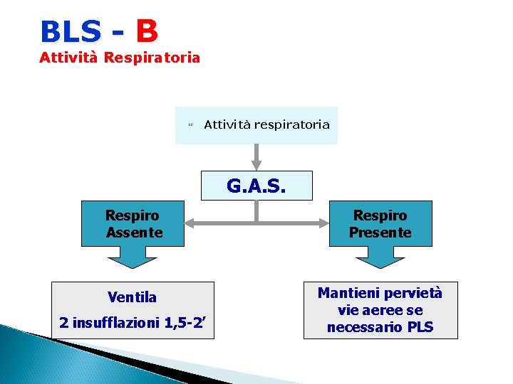 BLS - B Attività Respiratoria Attività respiratoria G. A. S. Respiro Assente Respiro Presente