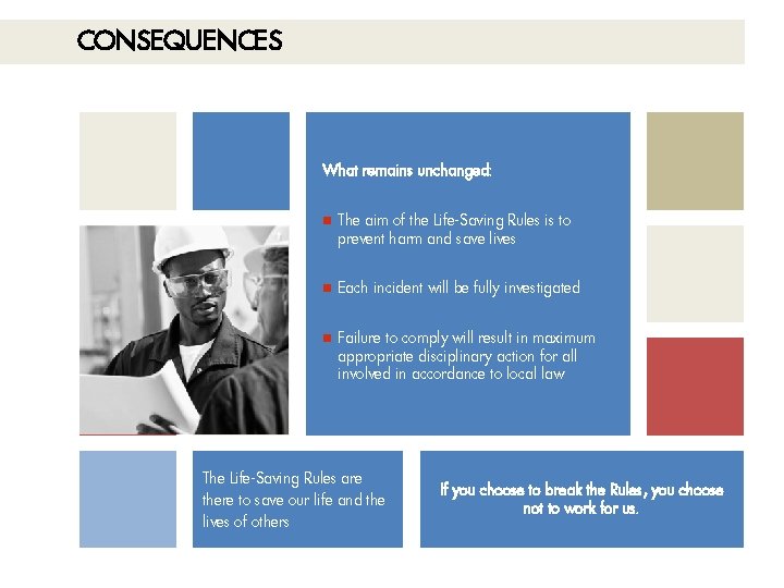 CONSEQUENCES What remains unchanged: The aim of the Life-Saving Rules is to prevent harm CONSEQUENCES What remains unchanged: The aim of the Life-Saving Rules is to prevent harm