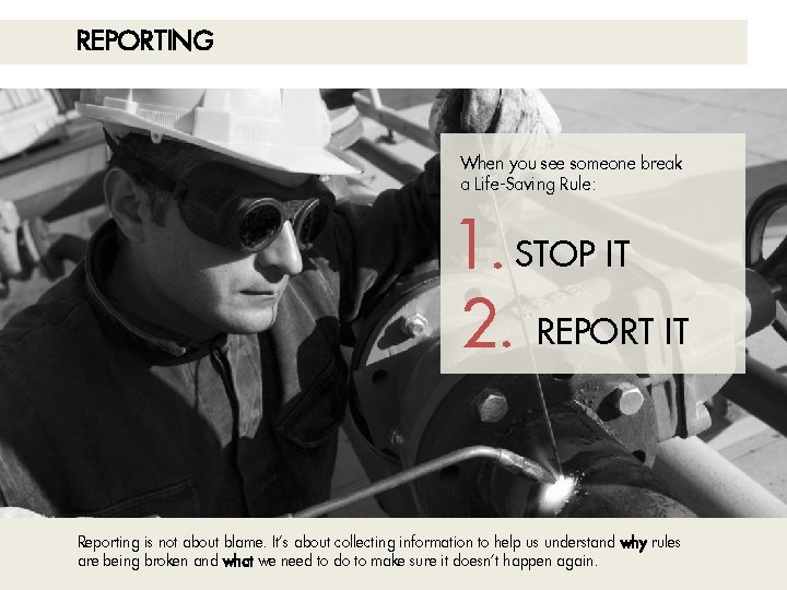 REPORTING When you see someone break a Life-Saving Rule: 1. STOP IT 2. REPORT REPORTING When you see someone break a Life-Saving Rule: 1. STOP IT 2. REPORT