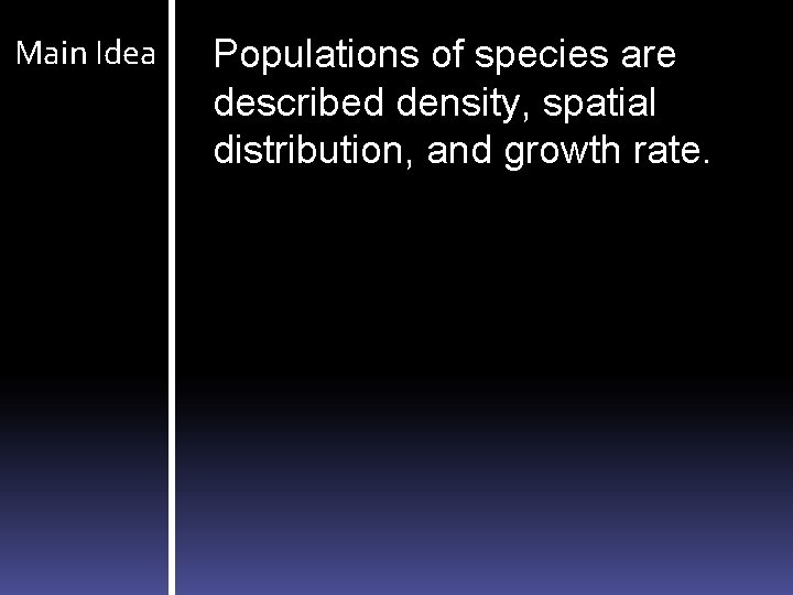 Main Idea Populations of species are described density, spatial distribution, and growth rate. 