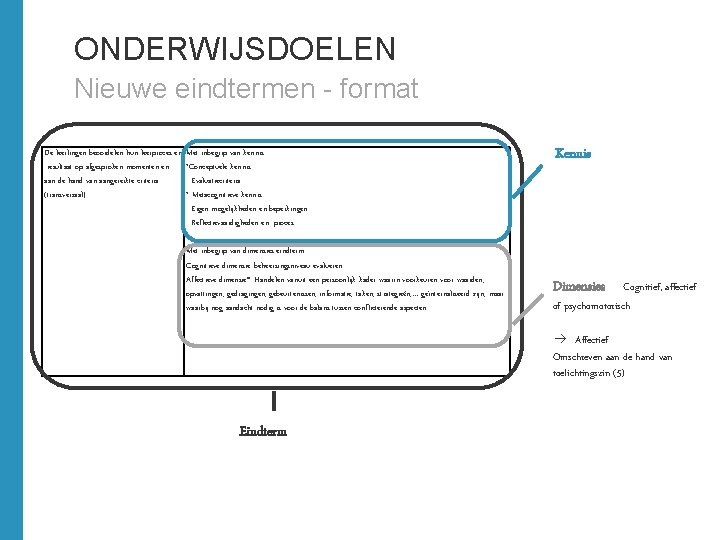 ONDERWIJSDOELEN Nieuwe eindtermen - format De leerlingen beoordelen hun leerproces en -resultaat op afgesproken