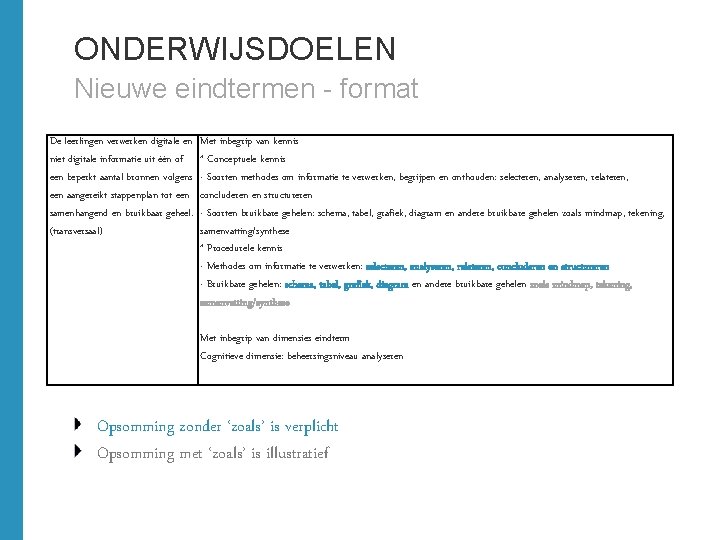ONDERWIJSDOELEN Nieuwe eindtermen - format De leerlingen verwerken digitale en niet digitale informatie uit