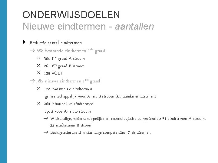 ONDERWIJSDOELEN Nieuwe eindtermen - aantallen Reductie aantal eindtermen 688 bestaande eindtermen 1 ste graad