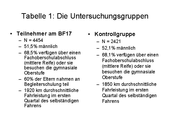 Tabelle 1: Die Untersuchungsgruppen • Teilnehmer am BF 17 – N = 4454 –