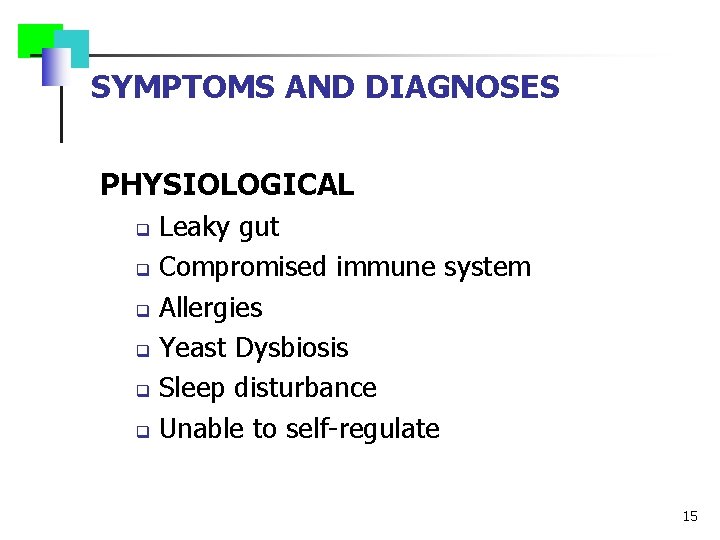 SYMPTOMS AND DIAGNOSES PHYSIOLOGICAL Leaky gut q Compromised immune system q Allergies q Yeast