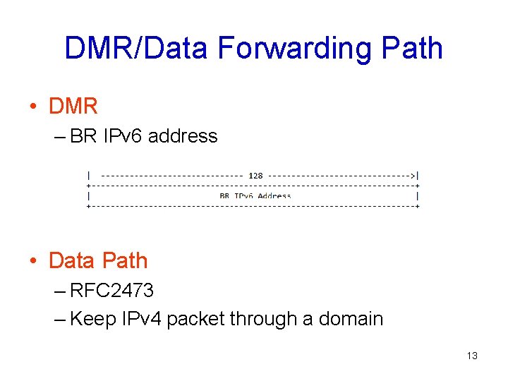 DMR/Data Forwarding Path • DMR – BR IPv 6 address • Data Path –