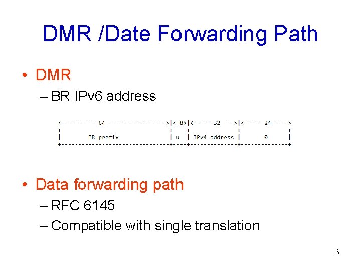 DMR /Date Forwarding Path • DMR – BR IPv 6 address • Data forwarding