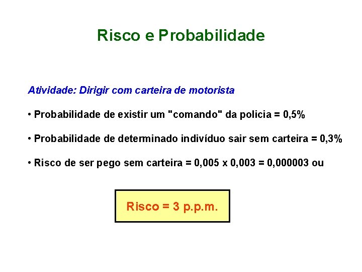 Risco e Probabilidade Atividade: Dirigir com carteira de motorista • Probabilidade de existir um