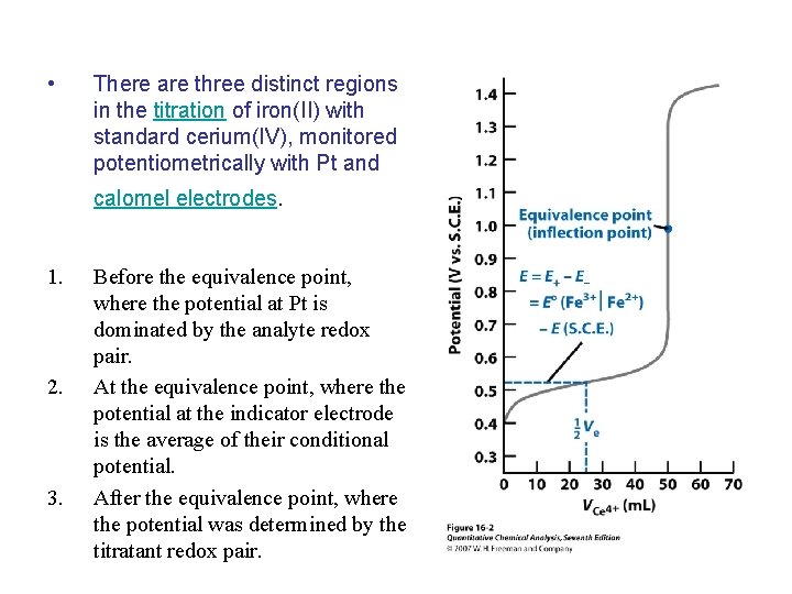  • There are three distinct regions in the titration of iron(II) with standard