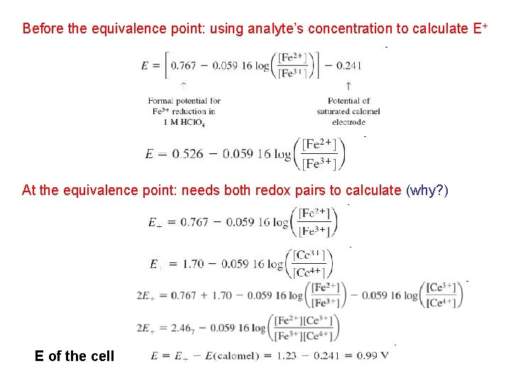 Before the equivalence point: using analyte’s concentration to calculate E+ At the equivalence point: