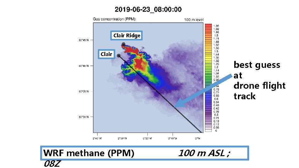 Clair Ridge Clair best guess at drone flight track WRF methane (PPM) 08 Z