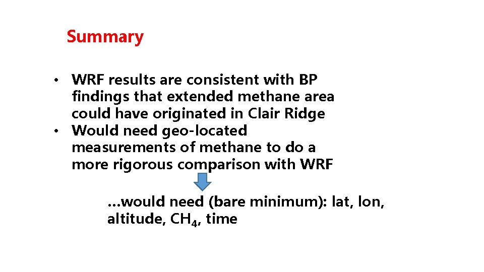 Summary • WRF results are consistent with BP findings that extended methane area could