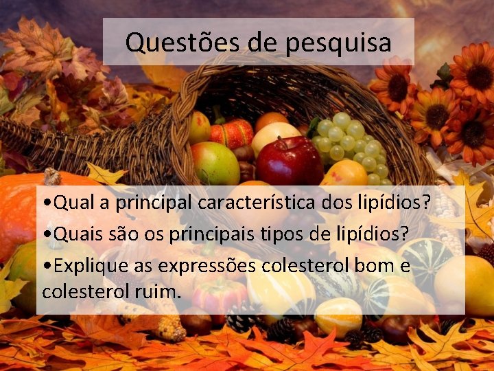 Questões de pesquisa • Qual a principal característica dos lipídios? • Quais são os Questões de pesquisa • Qual a principal característica dos lipídios? • Quais são os