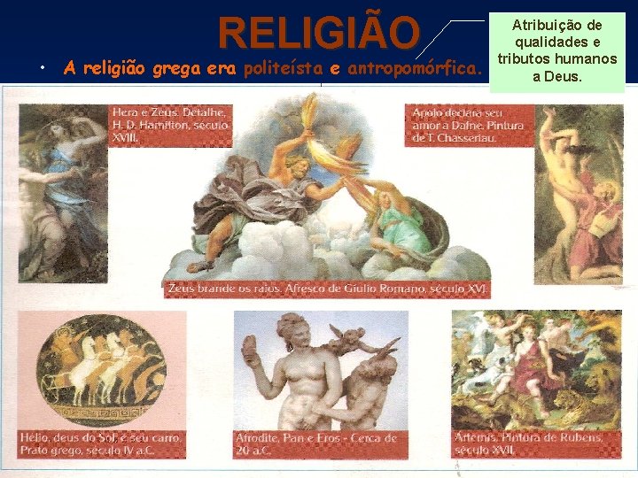 RELIGIÃO • A religião grega era politeísta e antropomórfica. Atribuição de qualidades e tributos