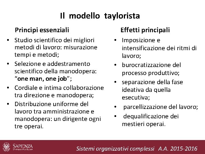 Il modello taylorista Principi essenziali Effetti principali • Studio scientifico dei migliori metodi di