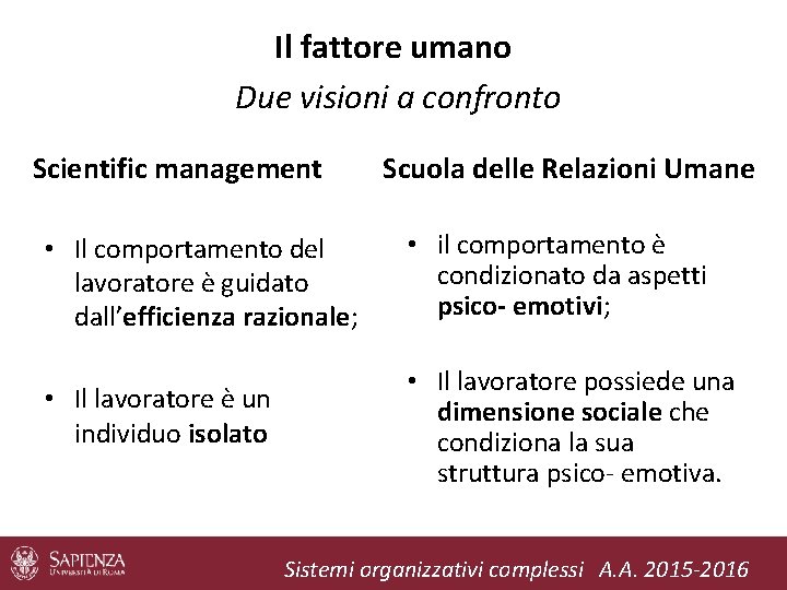 Il fattore umano Due visioni a confronto Scientific management Scuola delle Relazioni Umane •