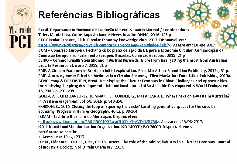 Referências Bibliográficas Brasil. Departamento Nacional de Produção Mineral. Sumário Mineral / Coordenadores Thiers Muniz