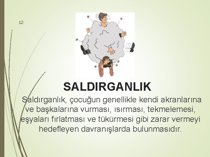 12 SALDIRGANLIK Saldırganlık, çocuğun genellikle kendi akranlarına ve başkalarına vurması, ısırması, tekmelemesi, eşyaları fırlatması