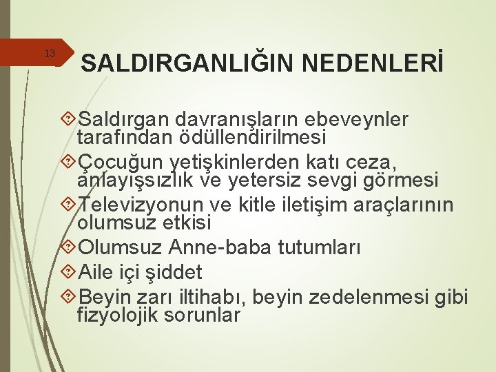 13 SALDIRGANLIĞIN NEDENLERİ Saldırgan davranışların ebeveynler tarafından ödüllendirilmesi Çocuğun yetişkinlerden katı ceza, anlayışsızlık ve