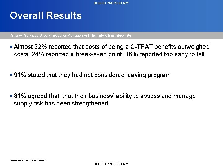 BOEING PROPRIETARY Overall Results Shared Services Group | Supplier Management | Supply Chain Security BOEING PROPRIETARY Overall Results Shared Services Group | Supplier Management | Supply Chain Security