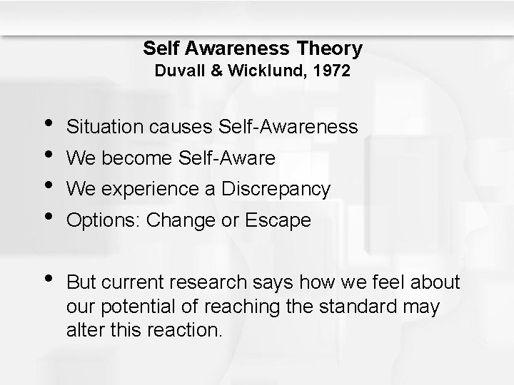 Self Awareness Theory Duvall & Wicklund, 1972 • • Situation causes Self-Awareness • But