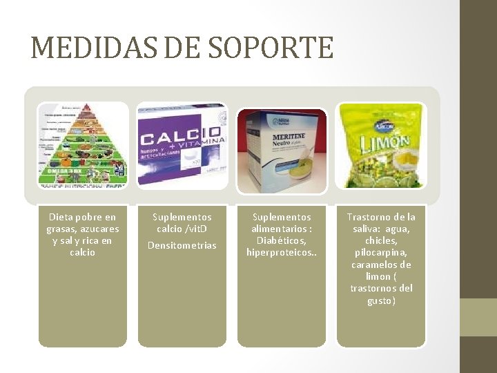 MEDIDAS DE SOPORTE Dieta pobre en grasas, azucares y sal y rica en calcio
