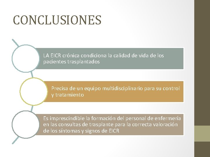 CONCLUSIONES LA EICR crónica condiciona la calidad de vida de los pacientes trasplantados Precisa