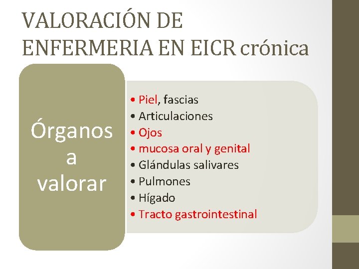 VALORACIÓN DE ENFERMERIA EN EICR crónica Órganos a valorar • Piel, fascias • Articulaciones