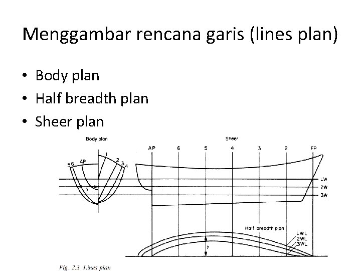 Menggambar rencana garis (lines plan) • Body plan • Half breadth plan • Sheer