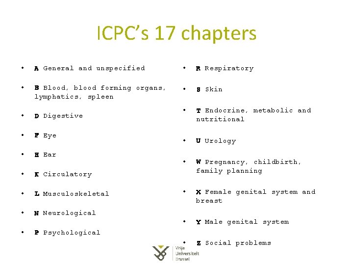 ICPC’s 17 chapters • A General and unspecified • R Respiratory • B Blood, ICPC’s 17 chapters • A General and unspecified • R Respiratory • B Blood,