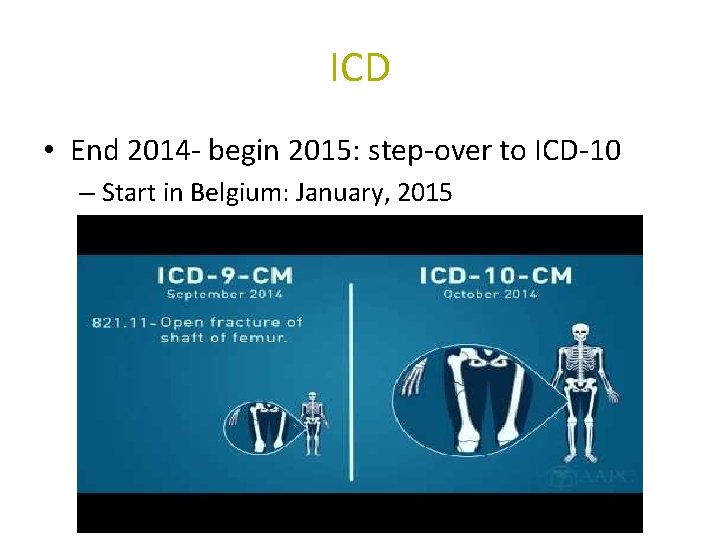 ICD • End 2014 - begin 2015: step-over to ICD-10 – Start in Belgium: ICD • End 2014 - begin 2015: step-over to ICD-10 – Start in Belgium: