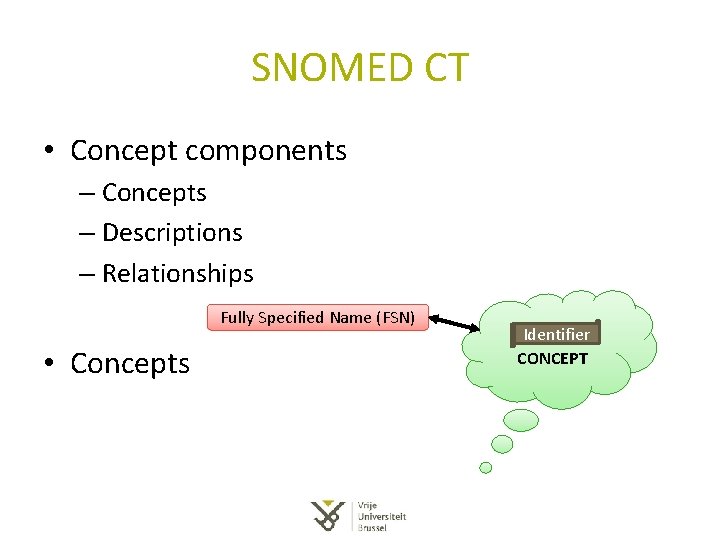 SNOMED CT • Concept components – Concepts – Descriptions – Relationships Fully Specified Name SNOMED CT • Concept components – Concepts – Descriptions – Relationships Fully Specified Name
