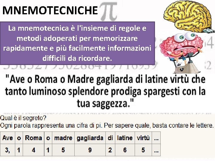 MNEMOTECNICHE La mnemotecnica è l'insieme di regole e metodi adoperati per memorizzare rapidamente e