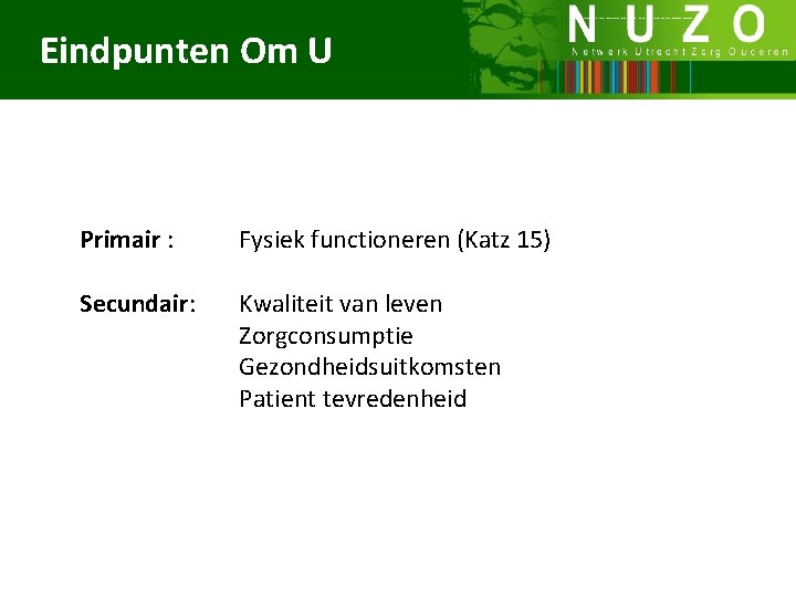 Eindpunten Om U Primair : Secundair: Fysiek functioneren (Katz 15) Kwaliteit van leven Zorgconsumptie