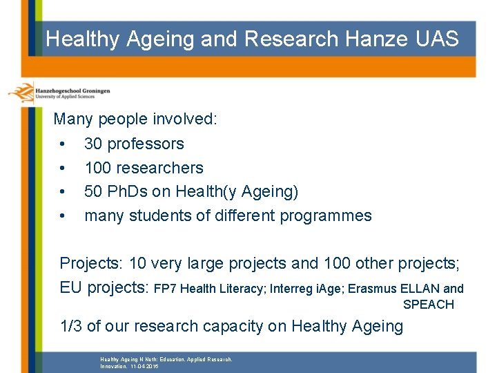 Healthy Ageing and Research Hanze UAS Many people involved: • • 30 professors 100