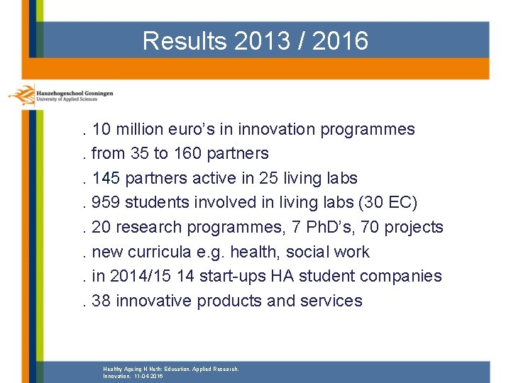 Results 2013 / 2016. 10 million euro’s in innovation programmes. from 35 to 160