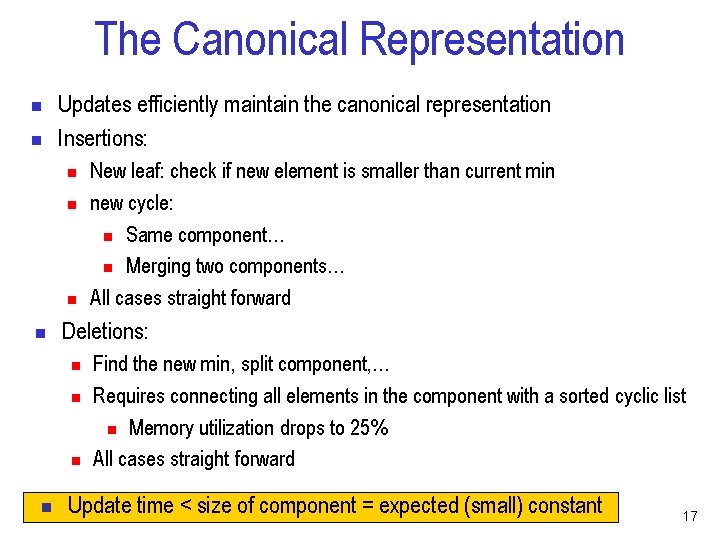 The Canonical Representation n n Updates efficiently maintain the canonical representation Insertions: n n