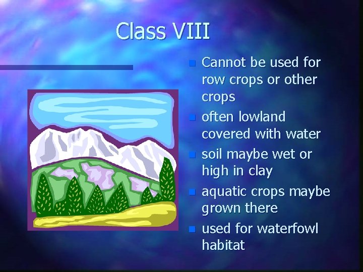 Class VIII n n n Cannot be used for row crops or other crops